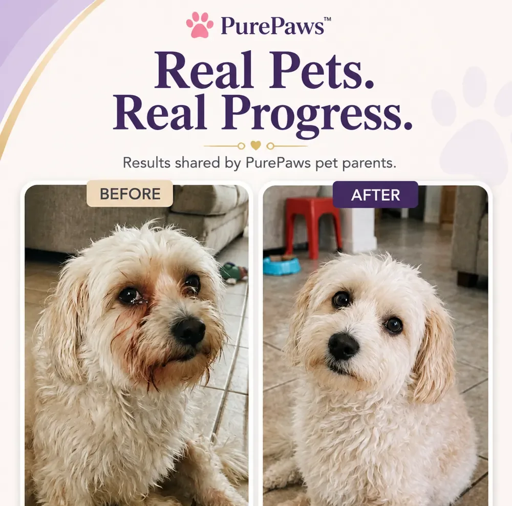 Customer-shared before and after tear-stain appearance photos