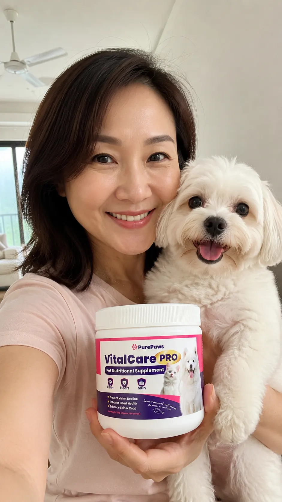 Elaine with Snowy and VitalCare PRO