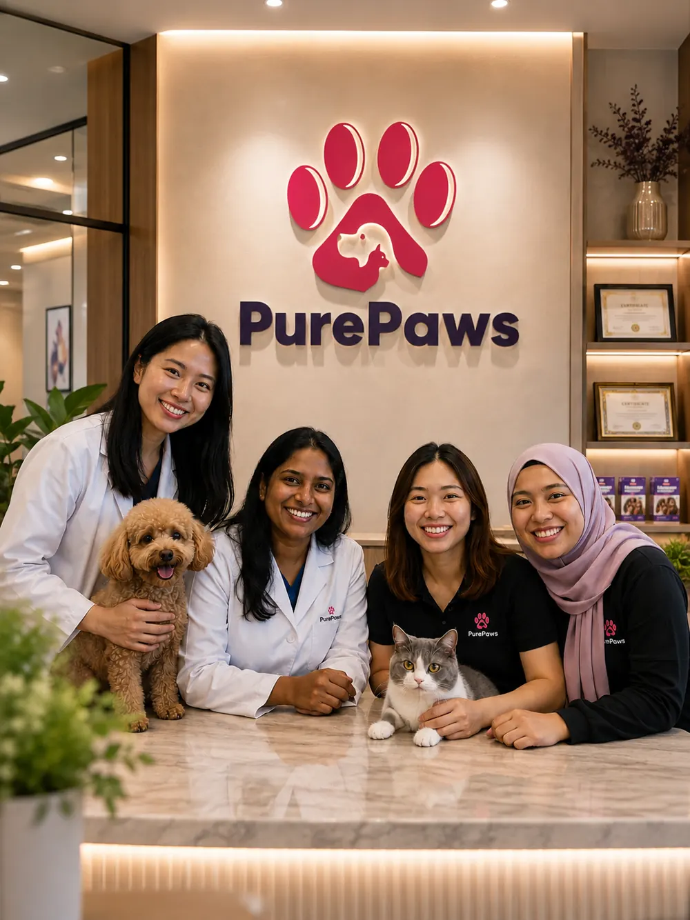 PurePaws care team with a dog and cat