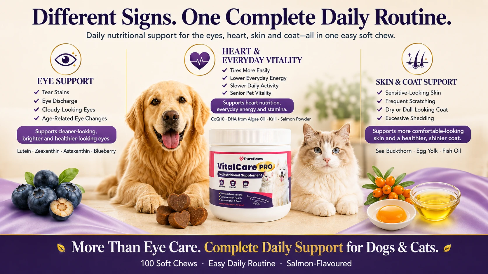 PurePaws VitalCare PRO daily nutritional support for dogs and cats across eye health, heart and everyday vitality, skin and coat.